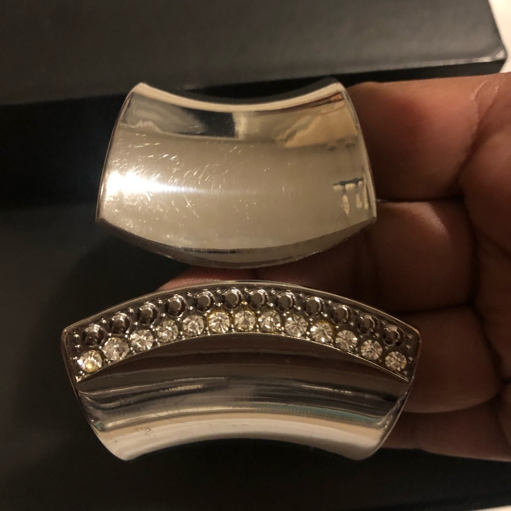 Silvertone Cuff Bangle with Rhinestones - Picture 2 of 5